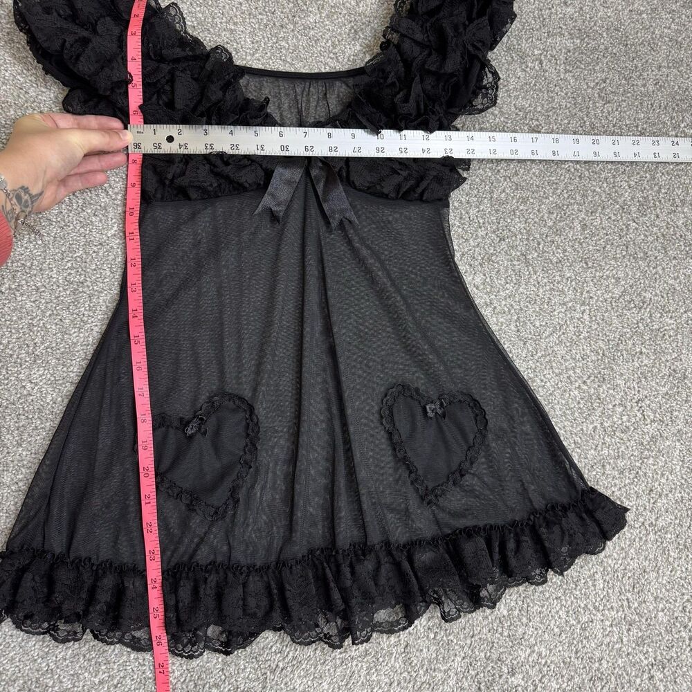 Babydoll Gown Womens OS Black Sheer Heart Lace Ruffle Kawaii Gothic Babydoll - Picture 3 of 3